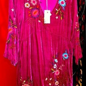 Johnny Was velvet dress in fuschia with floral embroidery